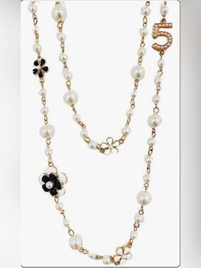 Pearl Camellia Flower Number 5 Long Layered Charm Neckalce